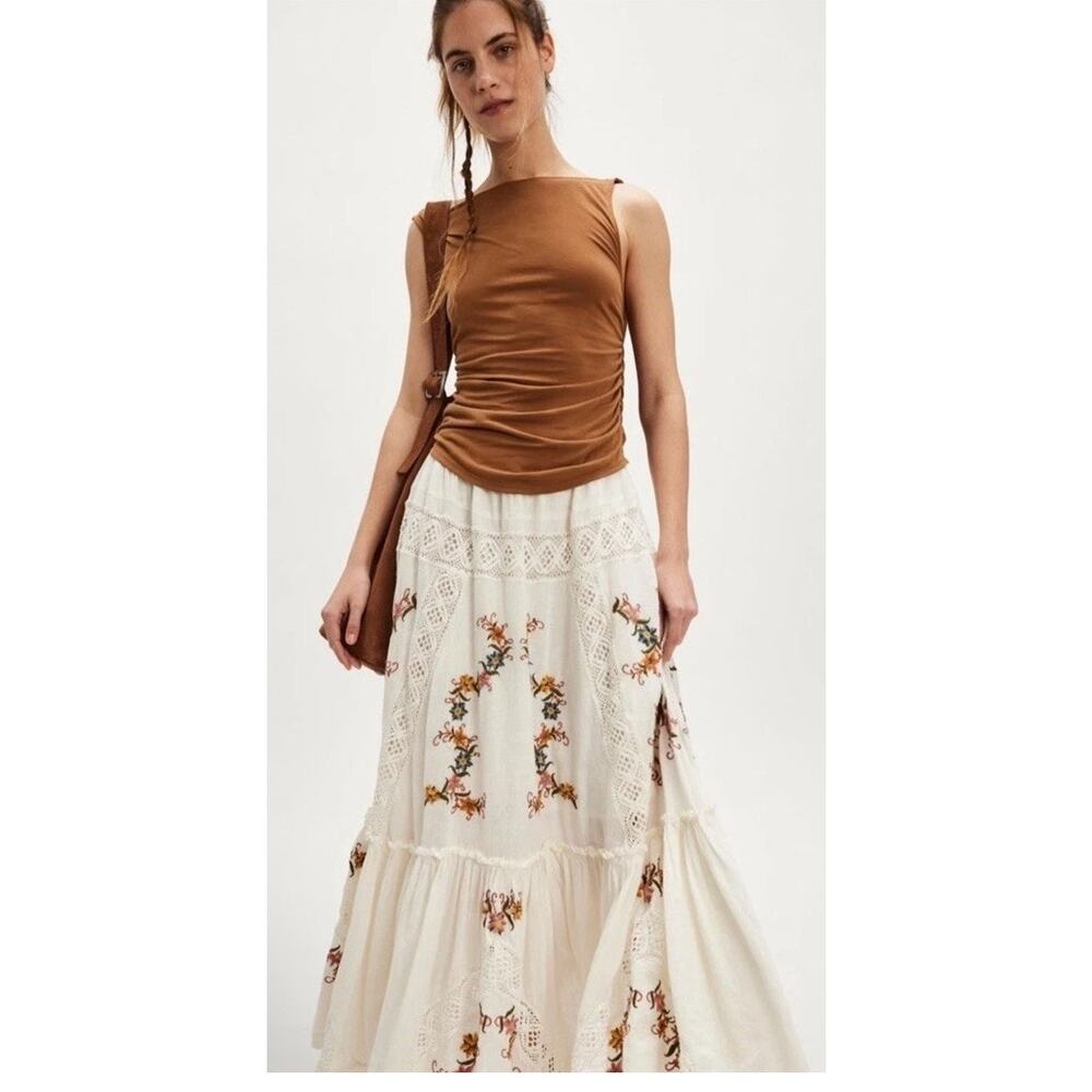 Free People Cream Maxi Skirt with Brown Floral Embroidery